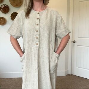 Timbuktu Station Vintage Beige Linen Blend Short Sleeve Maxi Dress Lagenlook